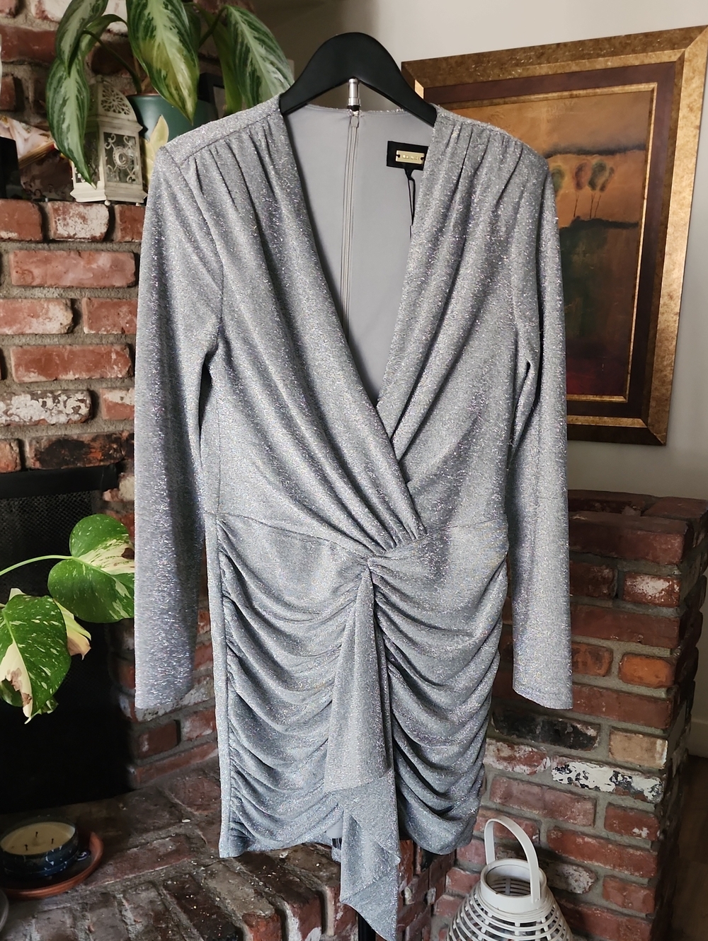 Nwt Alexia Admor Silver Metallic Ruched V-Neck Long Sleeve Mini Dress